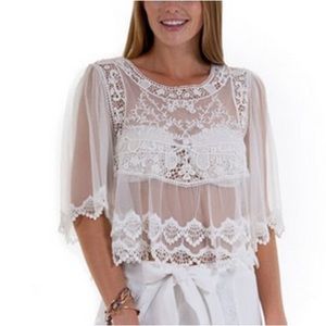 Sheer Romantic Lace Embroidered Gypsy Bride Mesh Bell Sleeve Blouse Top Small